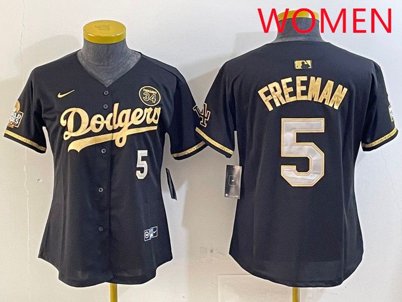 Women Los Angeles Dodgers 5 Freeman Black Gold 2025 Nike MLB Jersey style 414